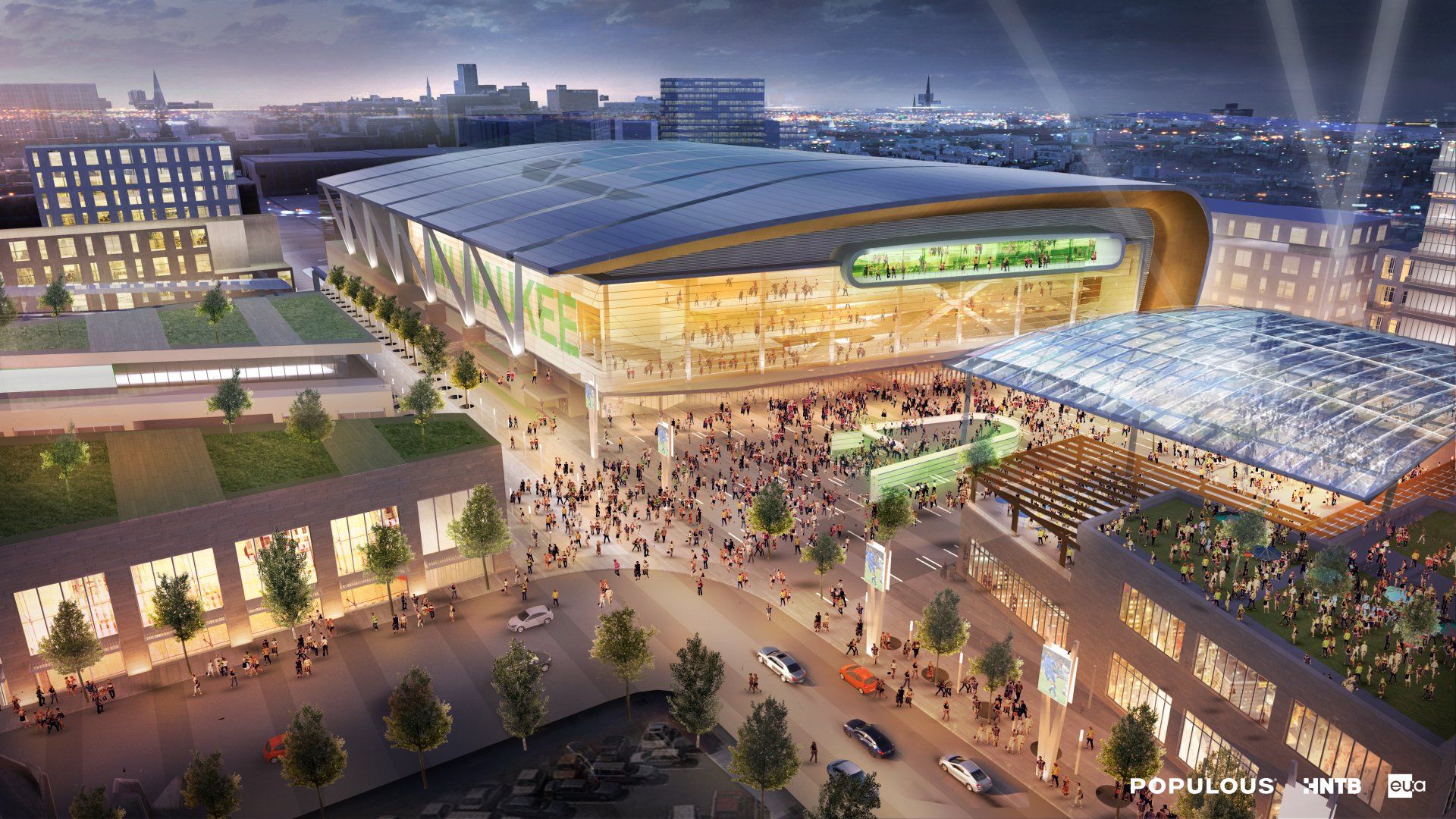 an artist 's impression of a large building with a lot of people walking around it .