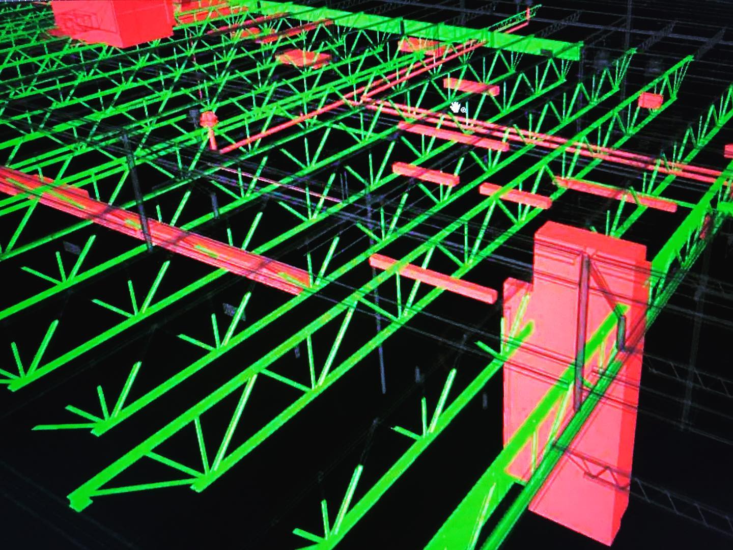 a 3d model of a building with green and red lines
