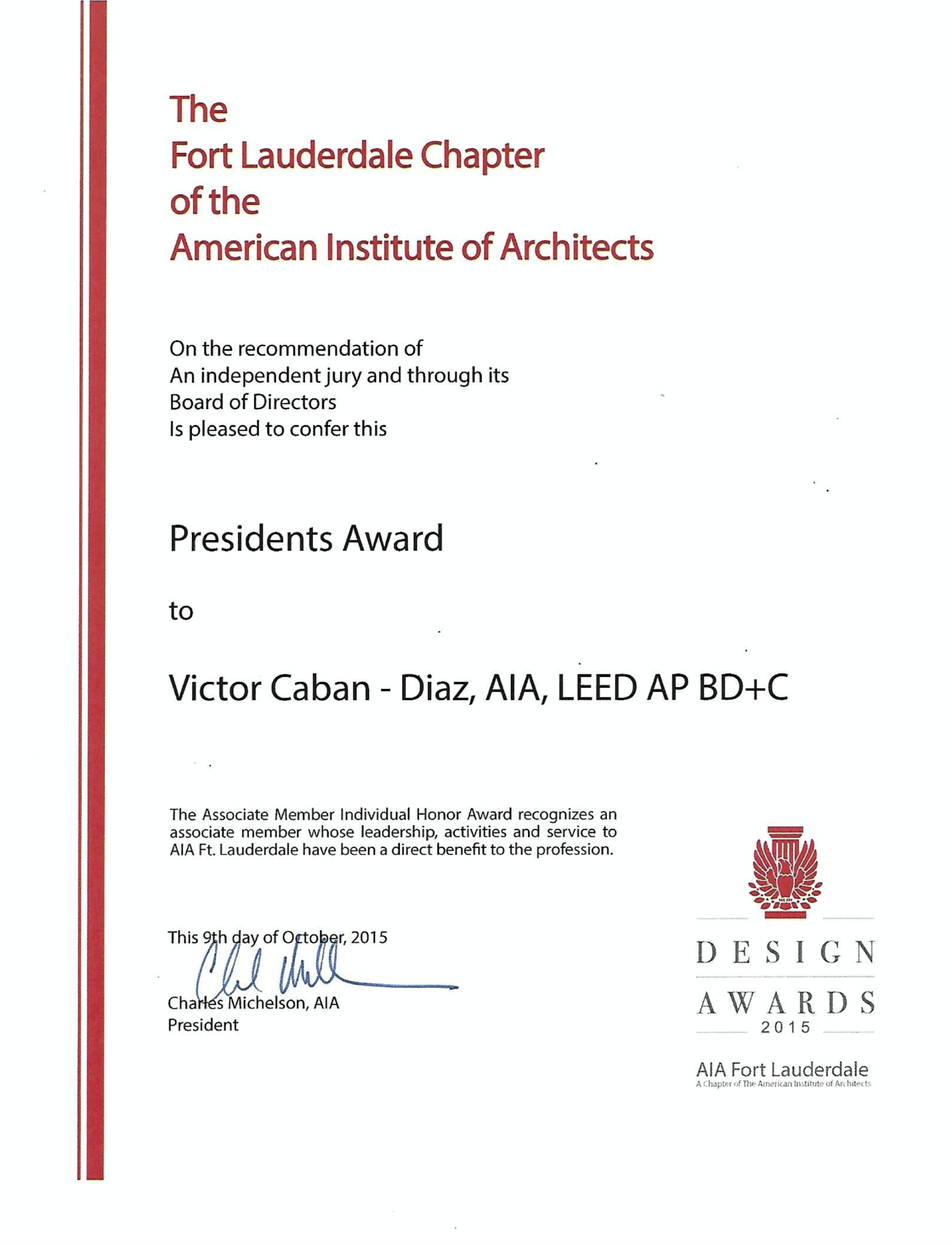 a certificate from the fort lauderdale chapter of the american institute of architects