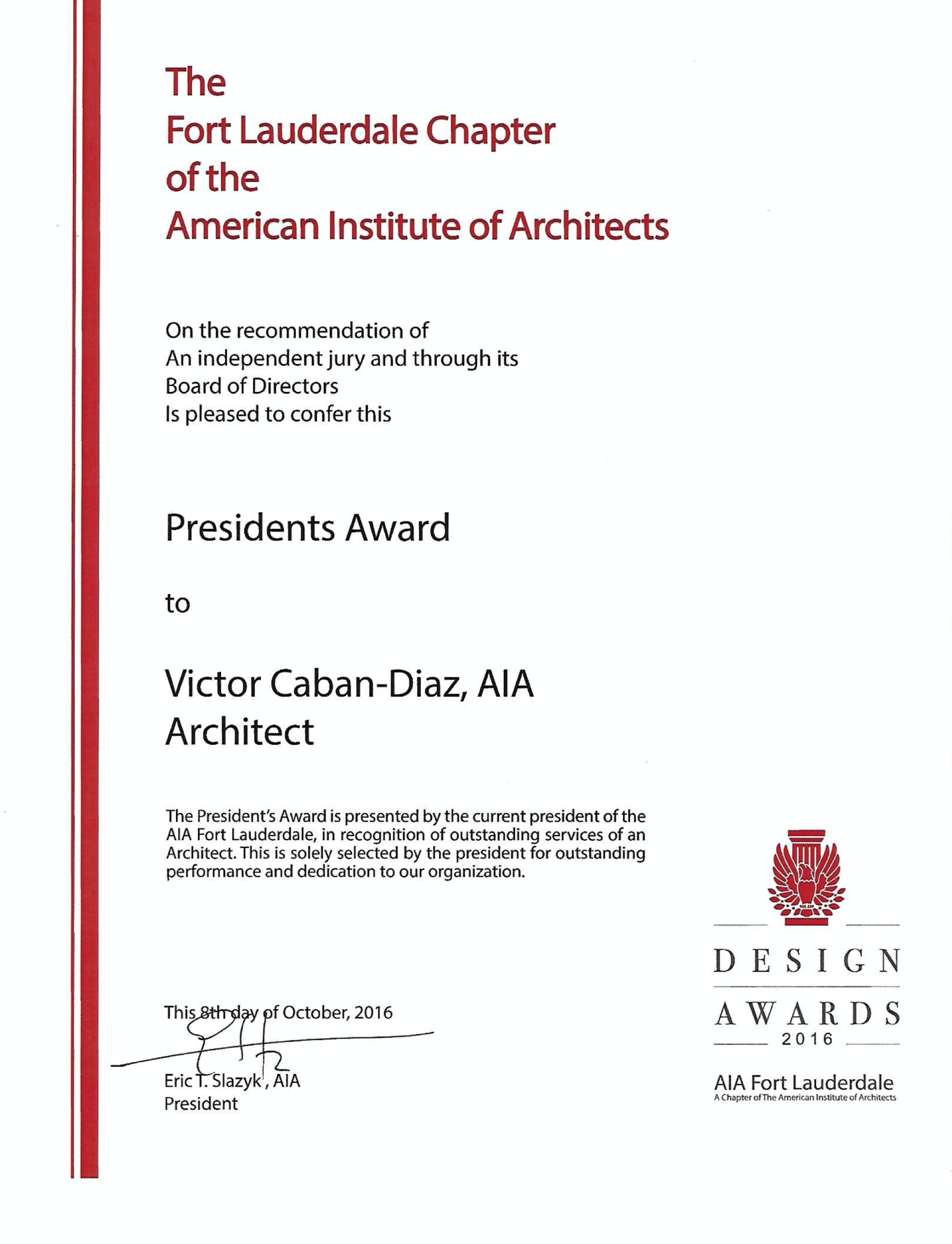 a certificate from the fort lauderdale chapter of the american institute of architects