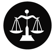 White scales of justice icon inside a black circle on a white background