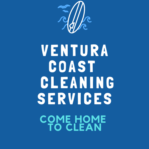 Blue logo: Ventura Coast Cleaning Services with a surfboard and waves. "Come home to clean."