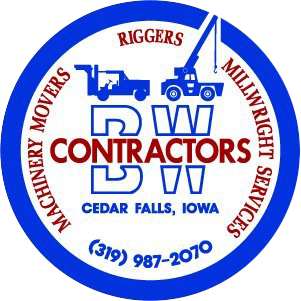 Blue and white D&W Contractors logo for machinery movers, riggers, and Milwaukee street cranes in Cedar Falls, Iowa