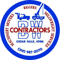 Blue-and-white RW Contractors logo for machinery moving, riggers, and Milwaukee crane services, Cedar Falls, Iowa.