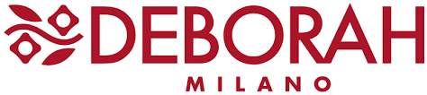 Logo Deborah Milano in rosso con elementi decorativi e testo 