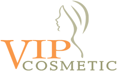 Logo VIP Cosmetic con profilo di donna in marrone chiaro accanto alla scritta arancione 