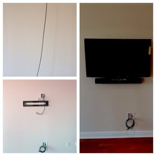 Wall-mounted TV and brackets with dangling cables in a room, shown in four stages of installation.