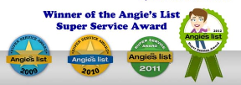 Angie's List Super Service Award banner with 2009, 2010, 2011 and green ribbon medals