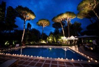 Lit swimming pool at night with palm trees and a blue sky background