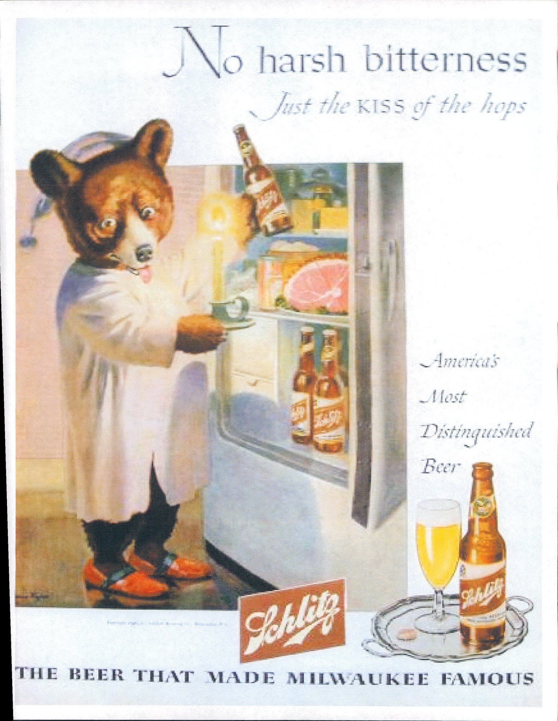 A painting of a bear holding a bottle of schlitz beer