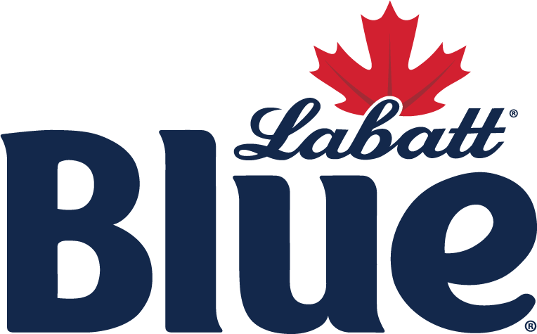The logo for labatt blue has a maple leaf on it
