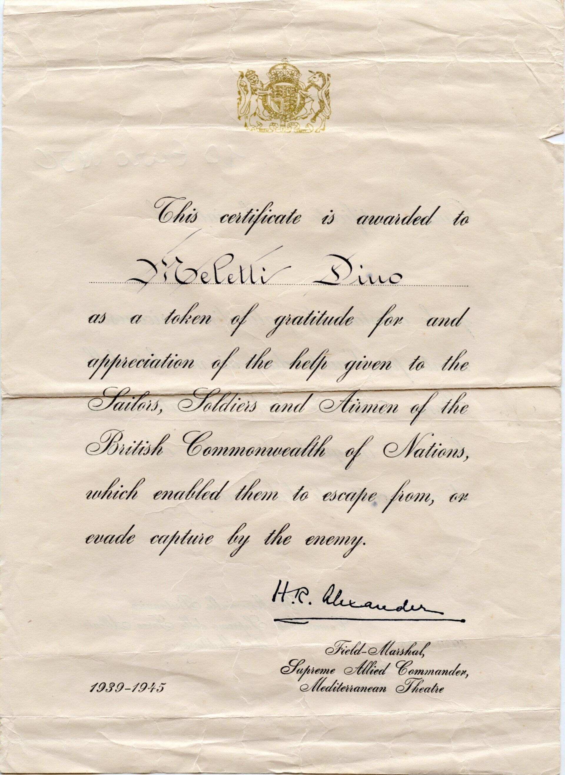 Dino and Nerina Meletti. Certificate from the British Government. The Meletti's sheltered Dan Billany and David DowieDan Billany