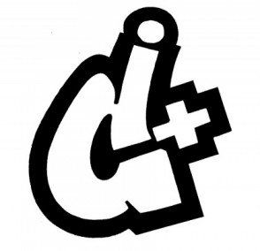 A black and white drawing of a letter c with a cross on it.