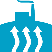 A blue icon of a factory with three arrows pointing up.