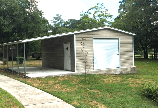 long red storage shed under a bright blue sky
