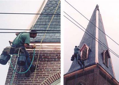 Moldings and dormers fabricated to match original, and copper dormers receiving final cleaning