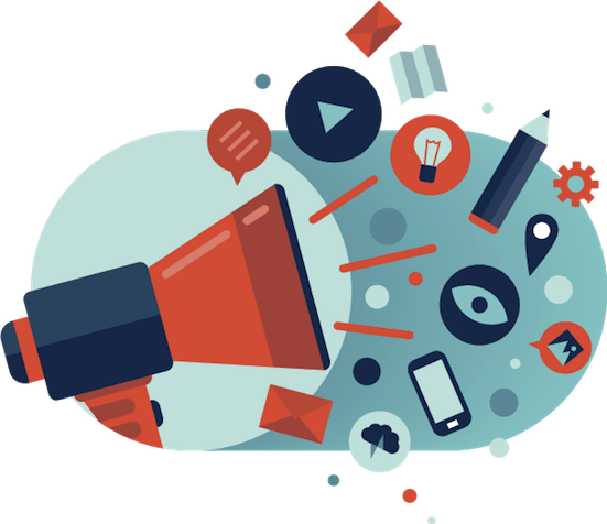 A red megaphone projecting a cloud of colorful digital icons, including a phone, lightbulb, eye, and pencil.