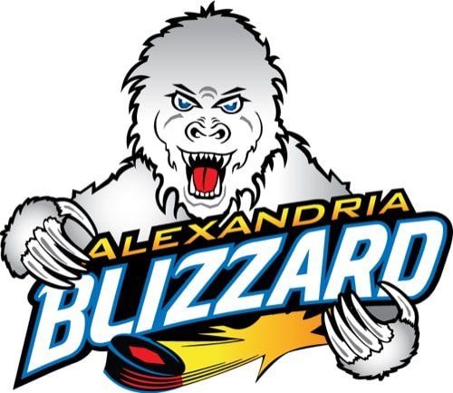 A white, snarling yeti mascot for the Alexandria Blizzard hockey team, with text below a puck trailing a yellow streak.
