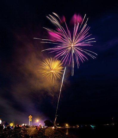 Two vibrant fireworks—one large purple and one smaller gold—burst against a dark night sky above a silhouetted crowd.