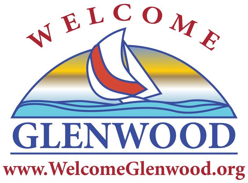 Logo for Glenwood featuring a sailboat on waves with a sunset backdrop and the website address below.