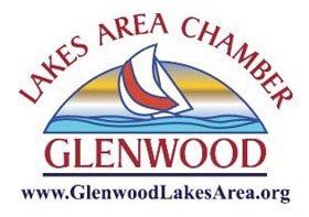 Logo for the Glenwood Lakes Area Chamber, featuring a sailboat icon over blue waves and the website address.