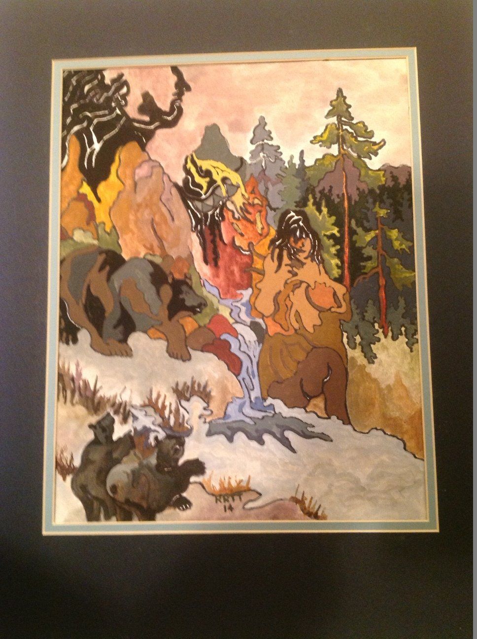 A painting of a man and two bears near a waterfall