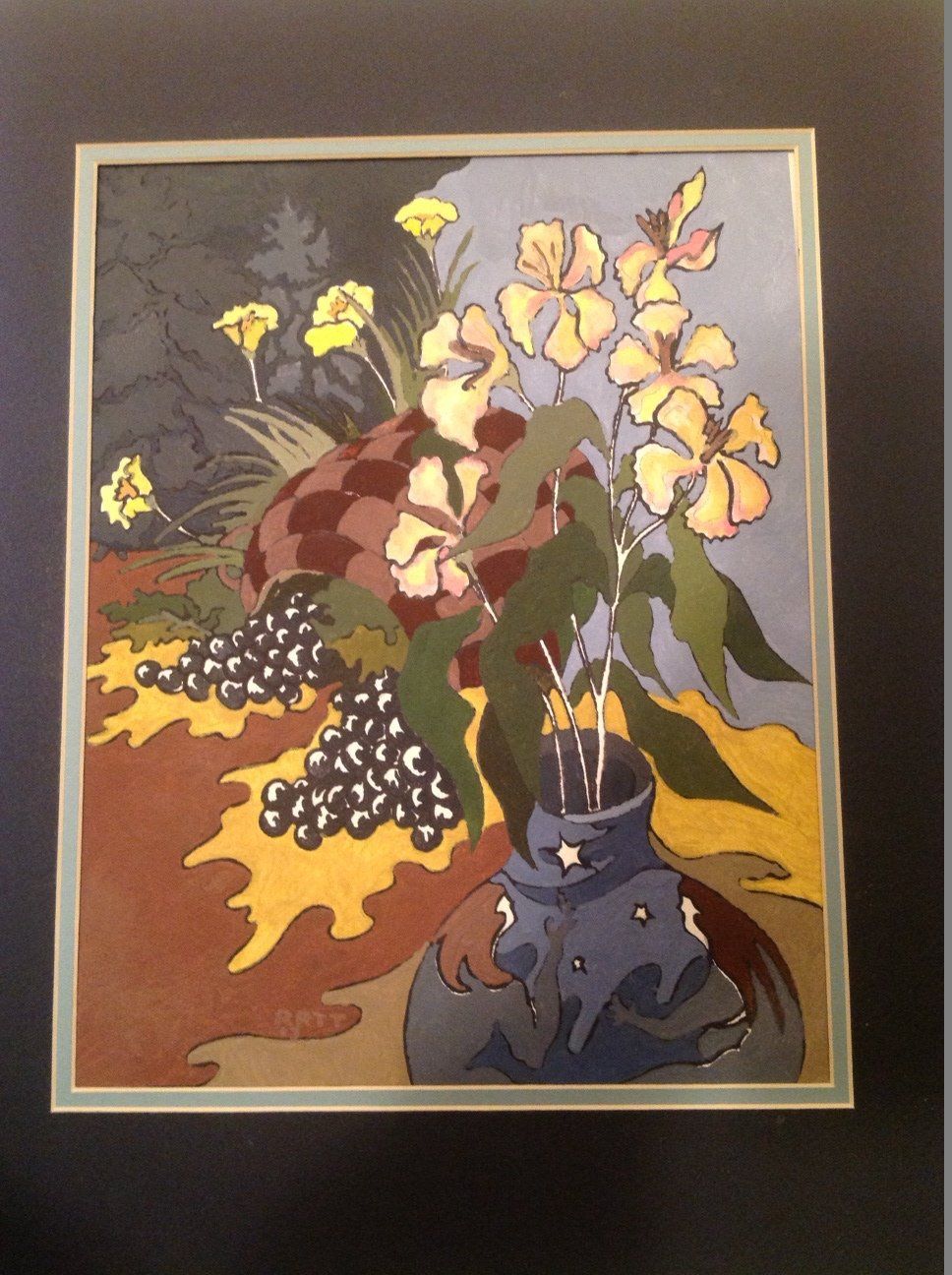 A painting of flowers in a blue vase