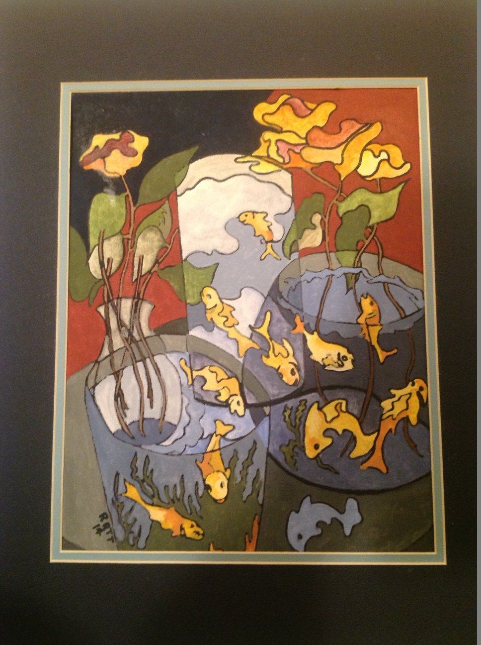 A painting of a vase with flowers and fish in it