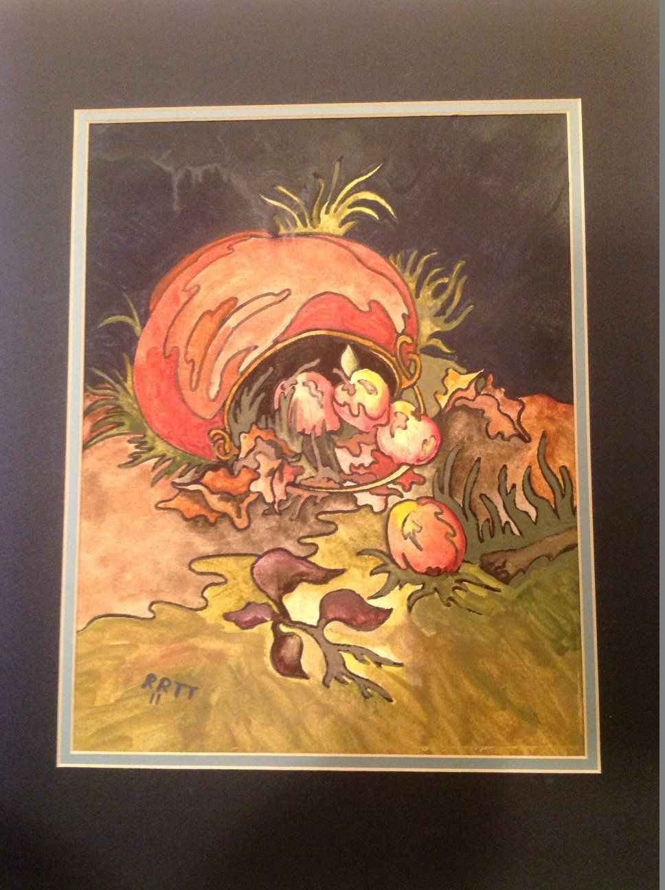A painting of a pumpkin with a hole in it