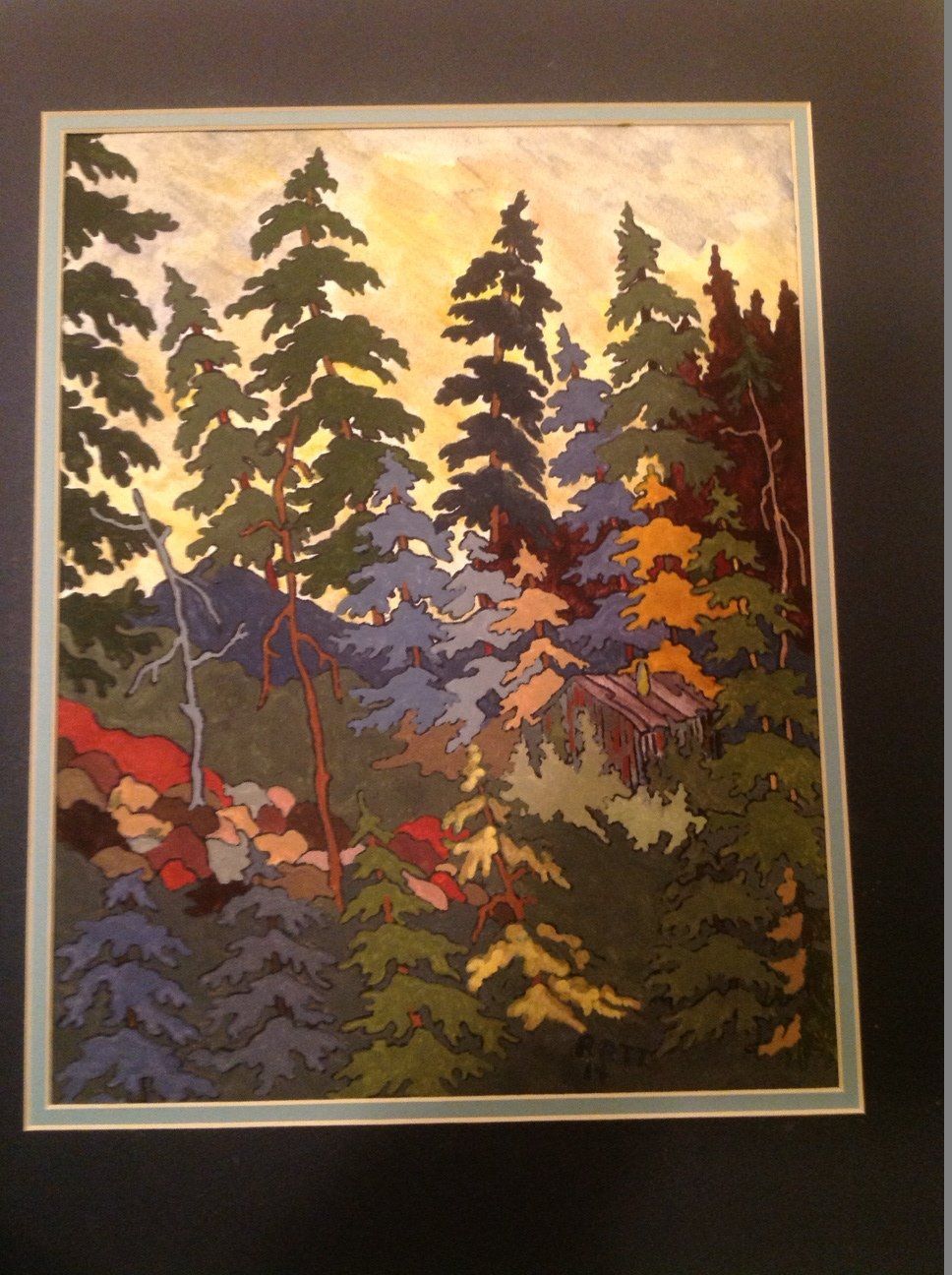 A painting of a forest with trees and rocks