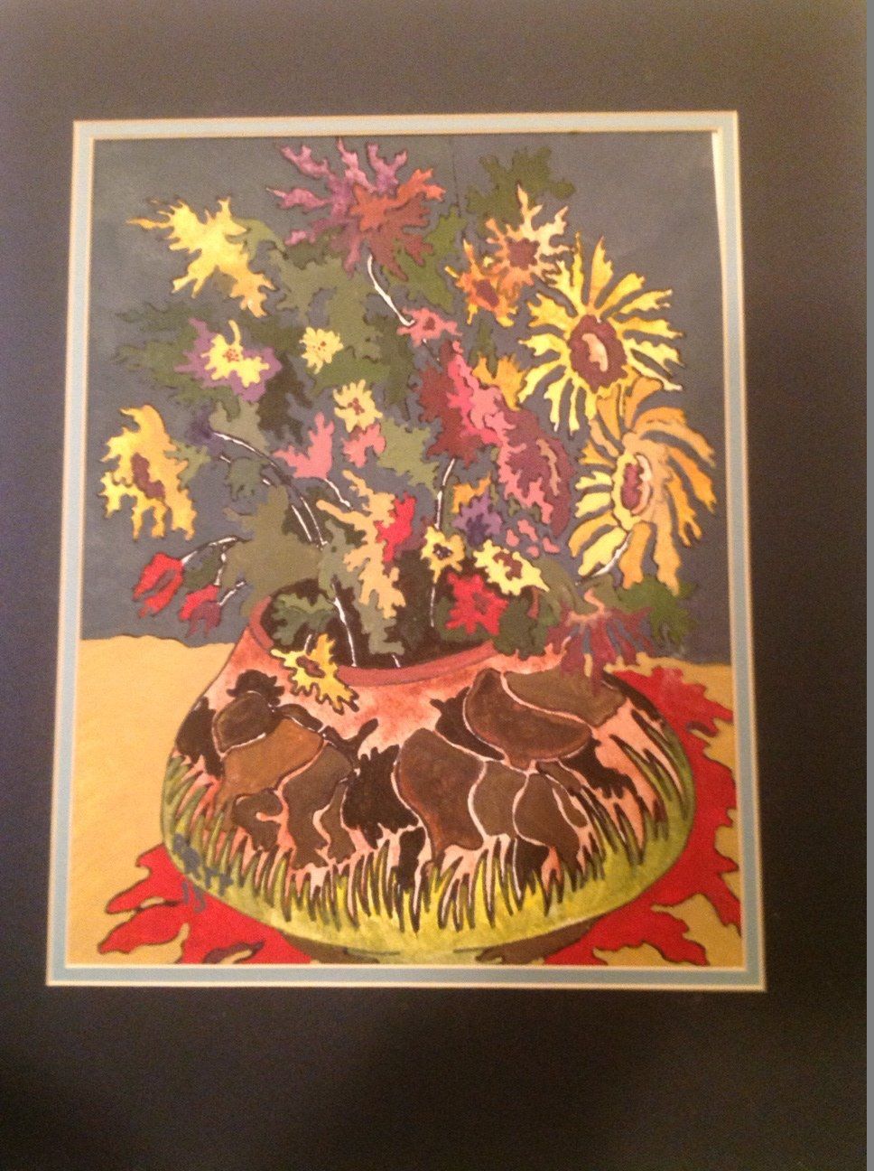 A painting of flowers in a vase on a table