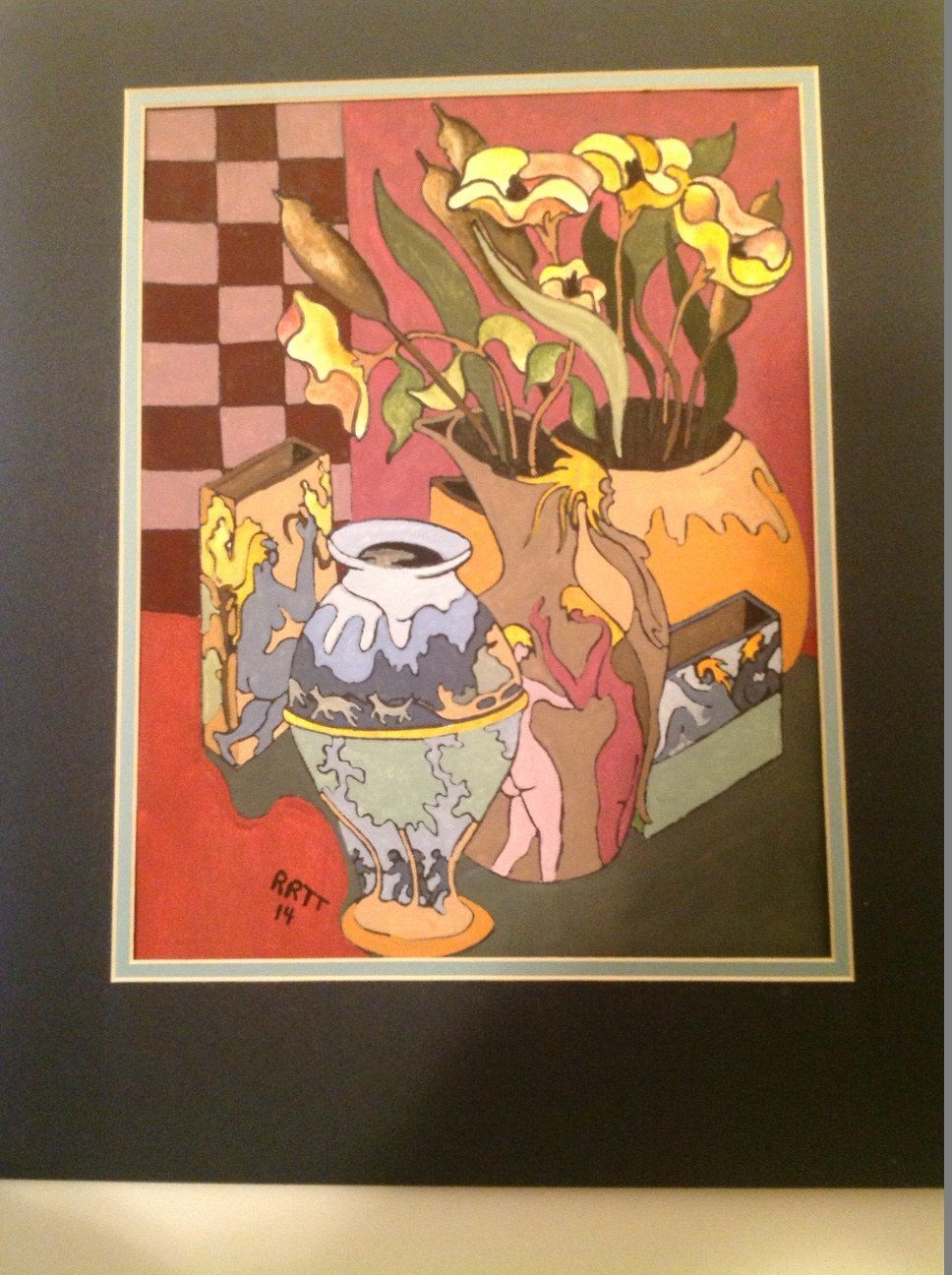 A painting of a vase with flowers and the name kitty on it
