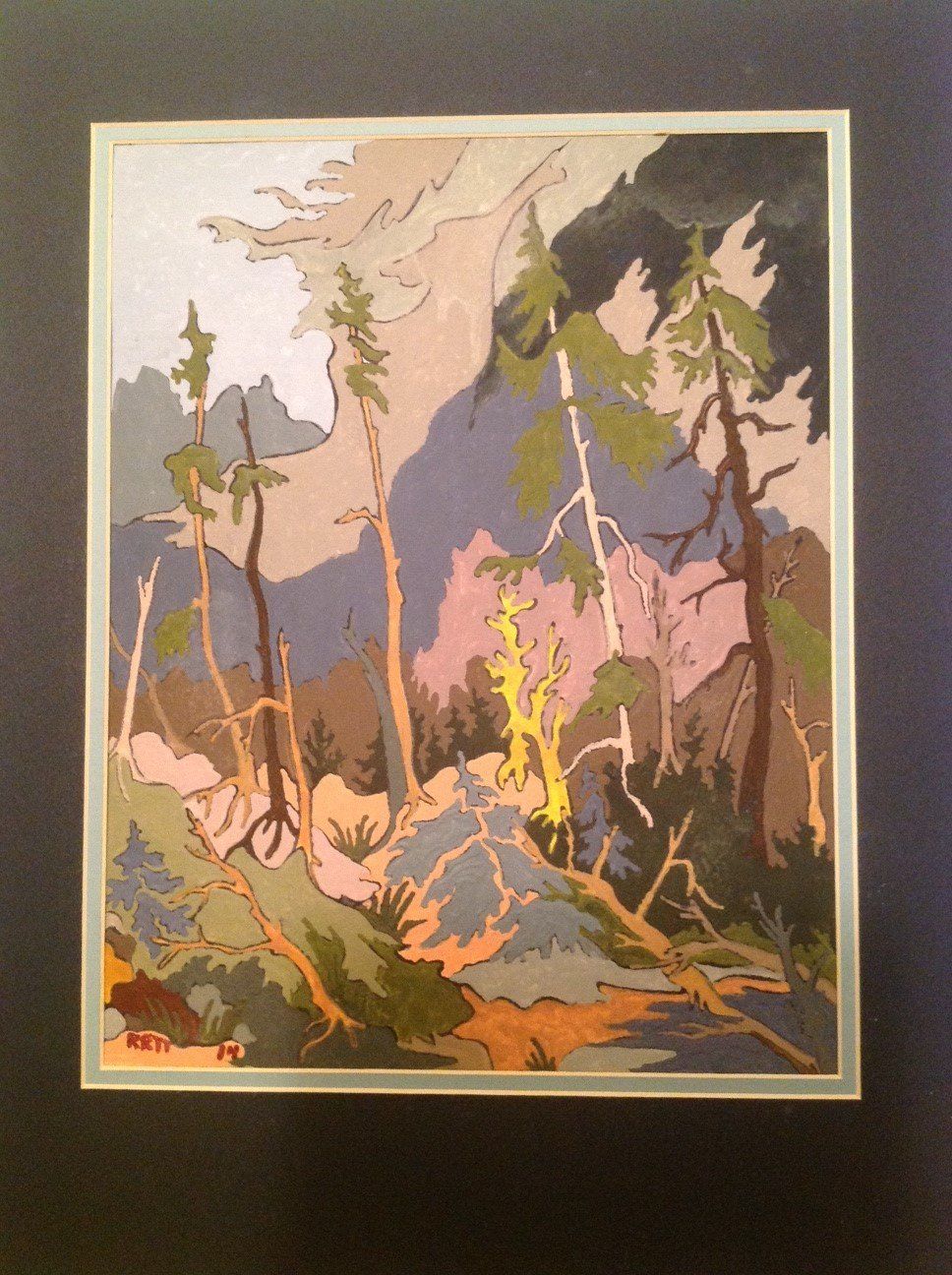 A painting of trees in a forest with mountains in the background