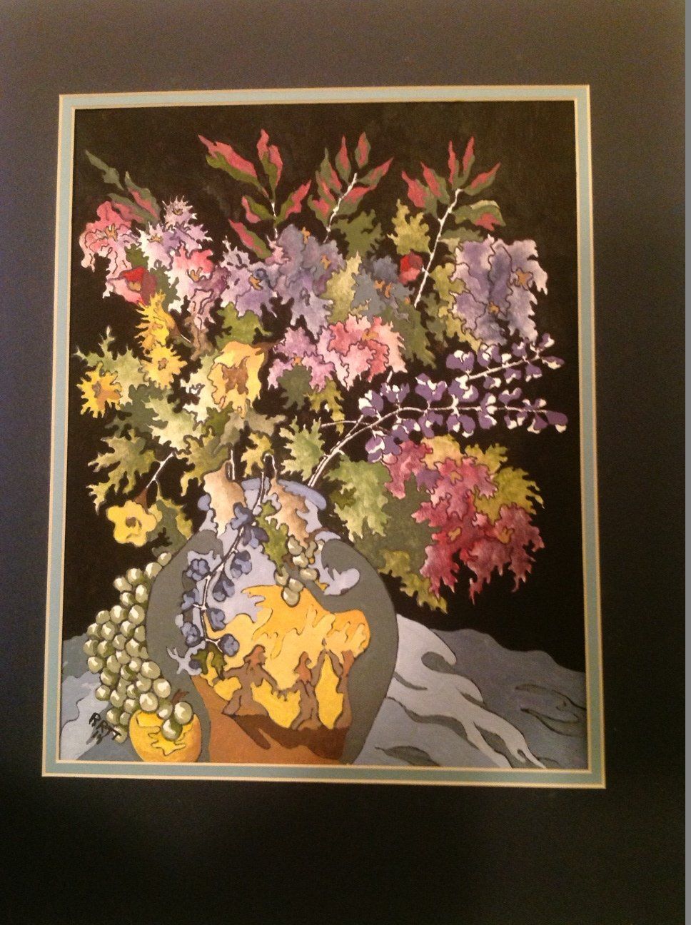 A painting of flowers in a vase on a table