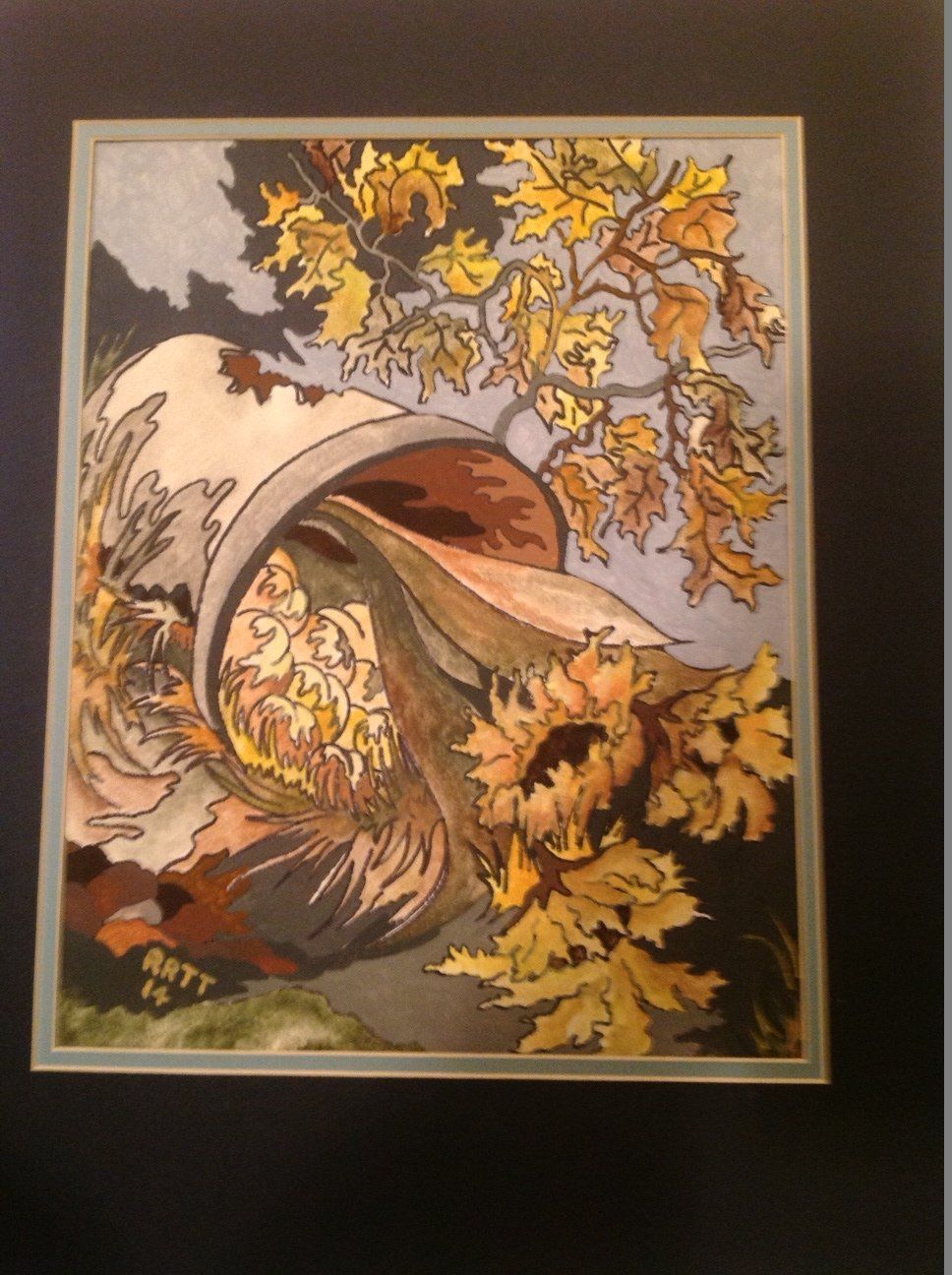A painting of a bird and leaves with the name matt on the bottom