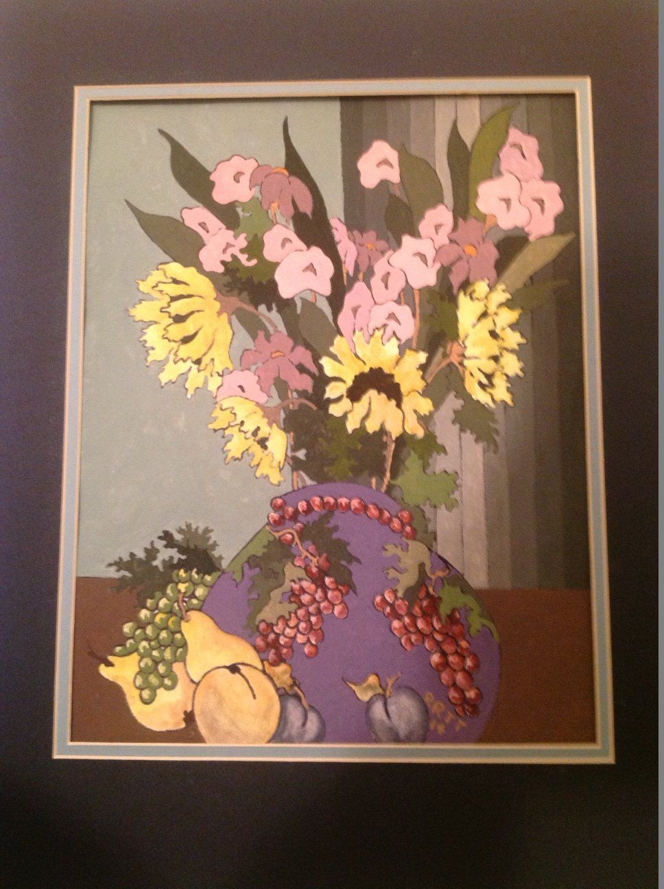 A painting of flowers and fruit in a purple vase