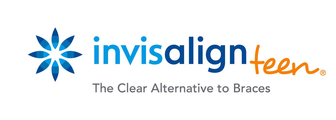 Invisalign Teen logo with blue starburst icon and tagline, “The Clear Alternative to Braces”
