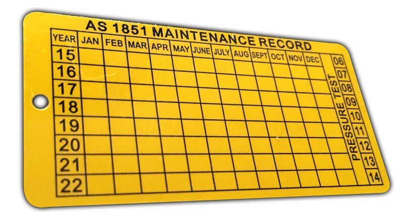 Yellow AS 1851 Maintenance Record Plate with Monthly Grid and Year for Inspections — Fitzroy Fire and Safety in Kawana, QLD