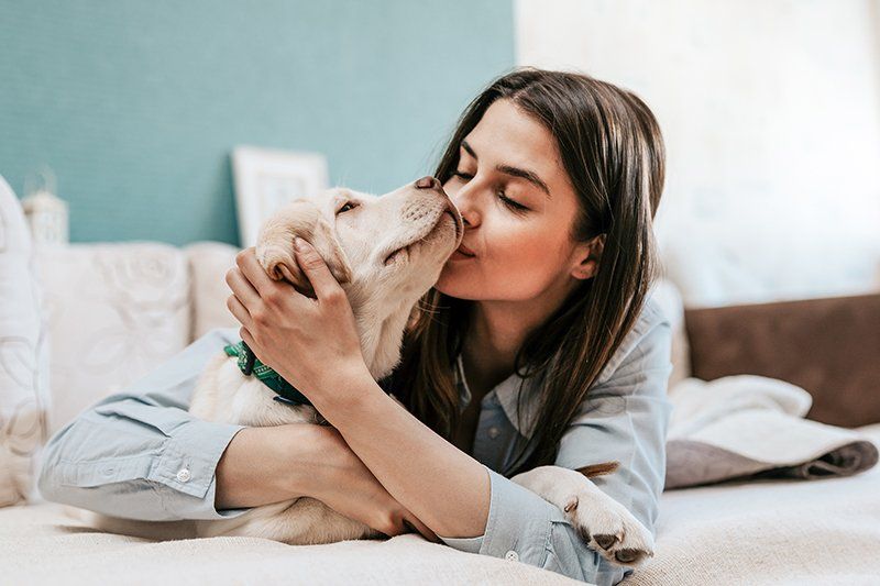 Woman kissing a light-colored dog on a bed; both are smiling.