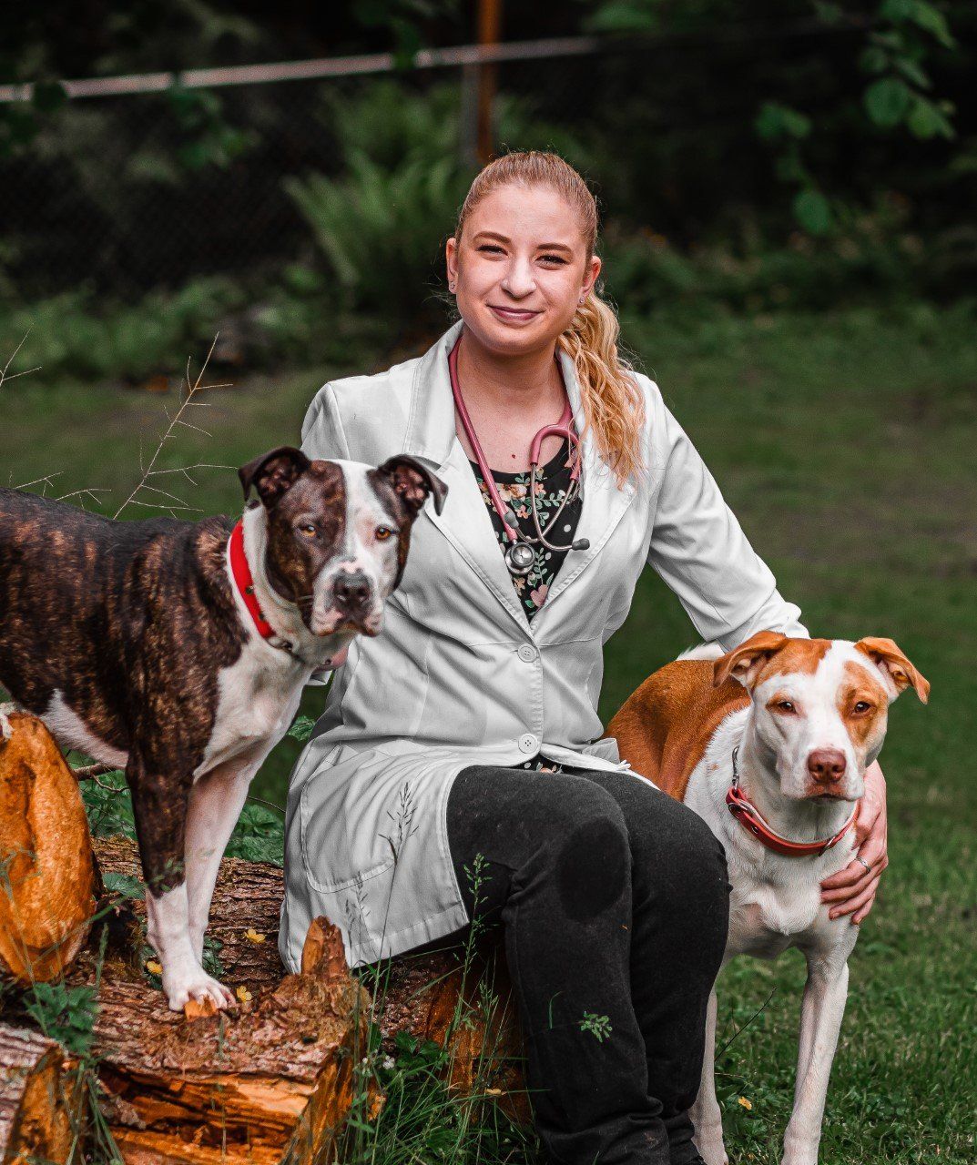 Woman in white coat sits with two dogs outdoors. One dog is brown and white, the other orange and white.