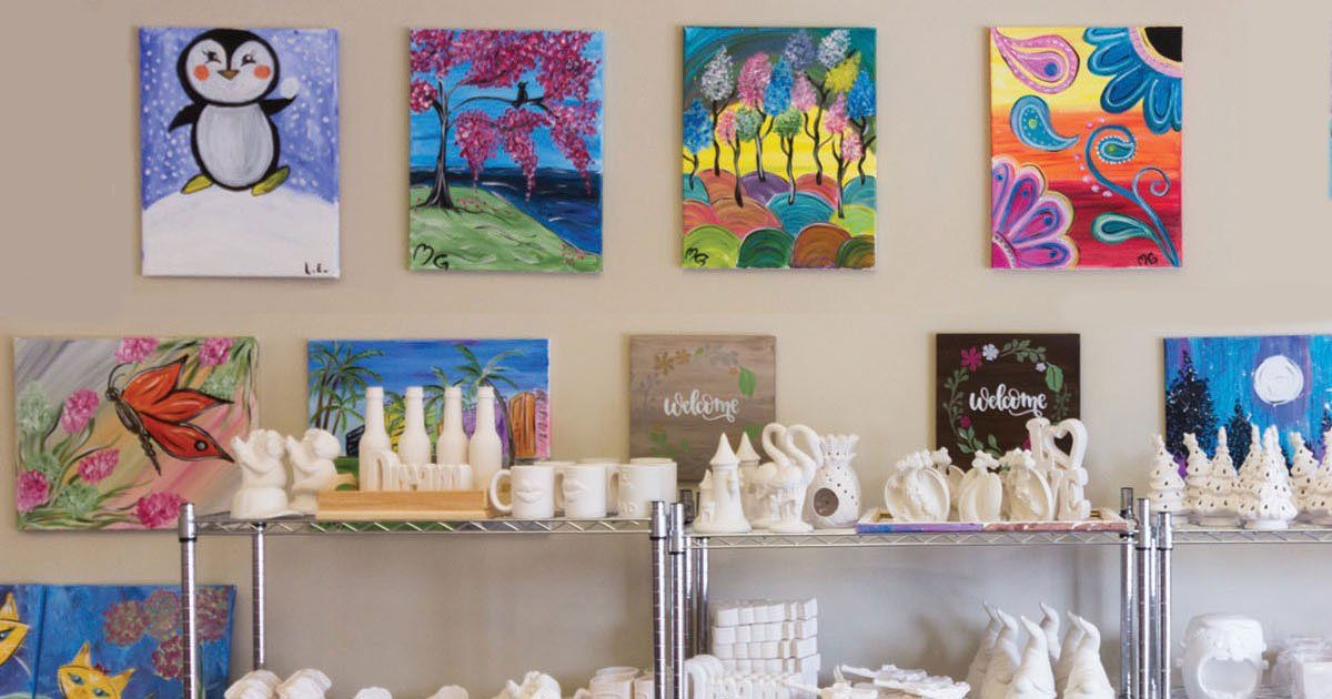 ceramics and paintings in the art studio