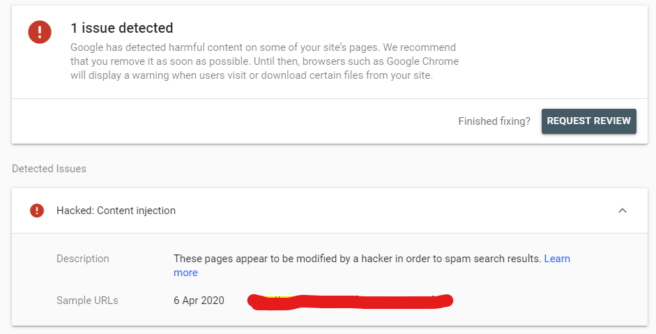 google issue detected hacked content injection