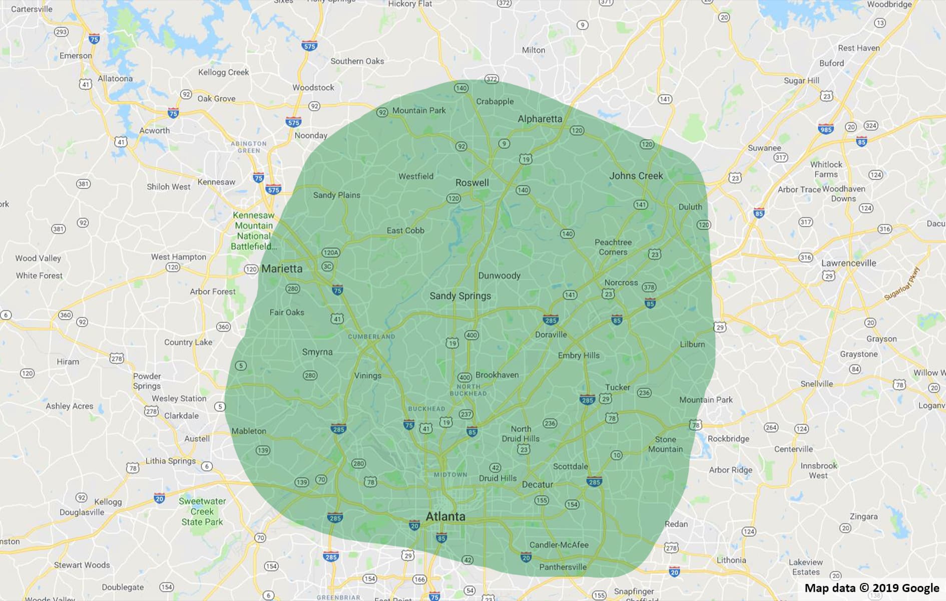atlanta plumber Green shaded area over a map of a city, likely indicating a service area or region.