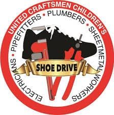 Shoe drive logo: a black work boot on red tools, gold ribbon reads 