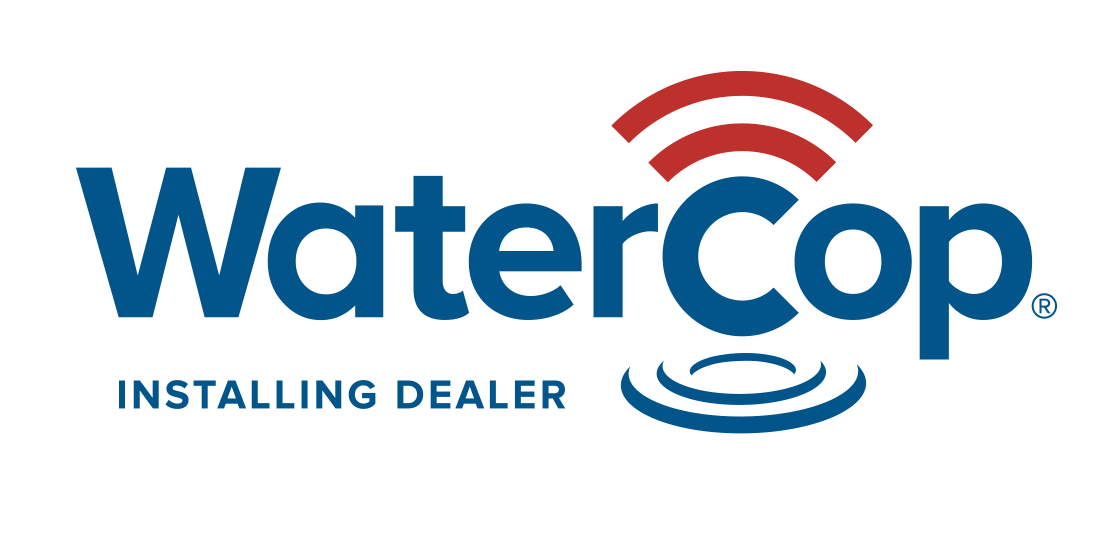 WaterCop logo: blue text with red signal waves and water ripples,