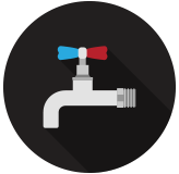 Faucet icon with blue and red handles, on black circle.