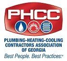 Logo of the Plumbing-Heating-Cooling Contractors Association of Georgia with red and white text and icons.