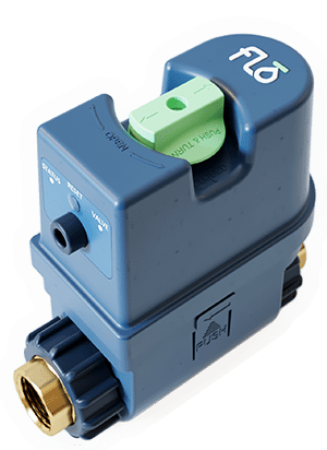 Blue and green Flo water monitoring device with a lever and brass fittings.