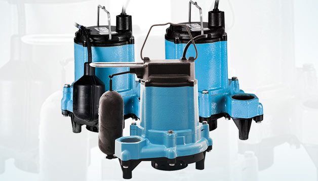 Three light blue submersible sump pumps with black tops and handles.