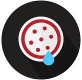 Circle icon with red outline, white interior with red dots, and a blue water droplet.
